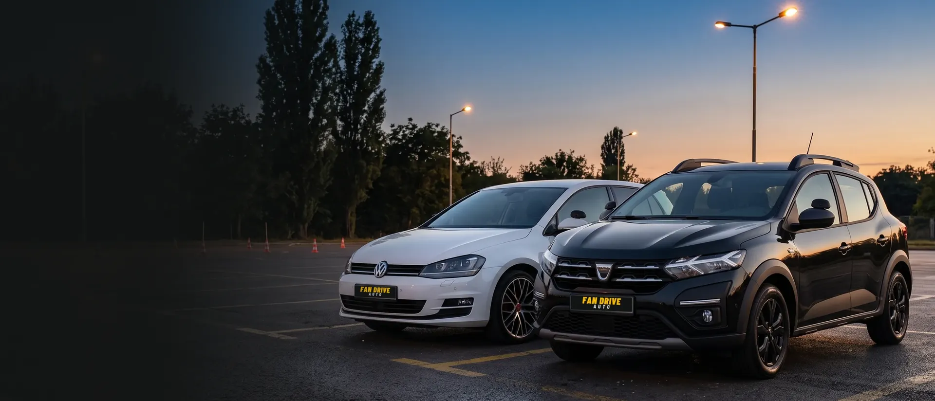 Dacia Sandero Stepway neagră și Volkswagen Golf 7 albă, mașinile școlii FAN DRIVE AUTO, parcate pe locul de exersare